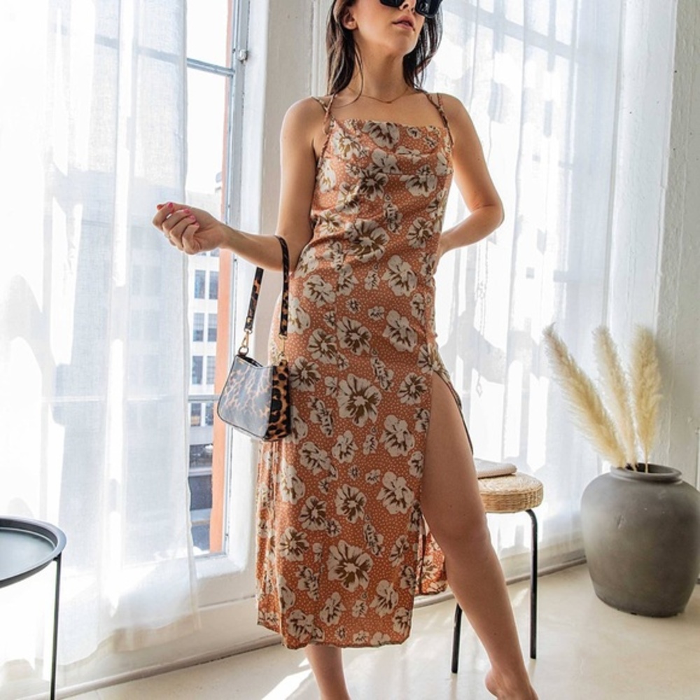 Floral Open Slit Midi Slip Dress